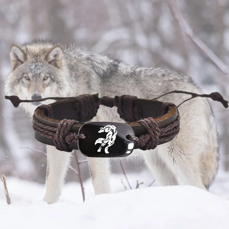 North wolf Animal Backer Braided Woven Rope Leather Unisex Bracelet Yak Bone Carved,Fashion wolf Jewelry  drop shipping