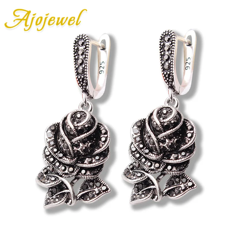 Ajojewel Vintage Rose Flower Earrings For Women Black Crystal Jewelry