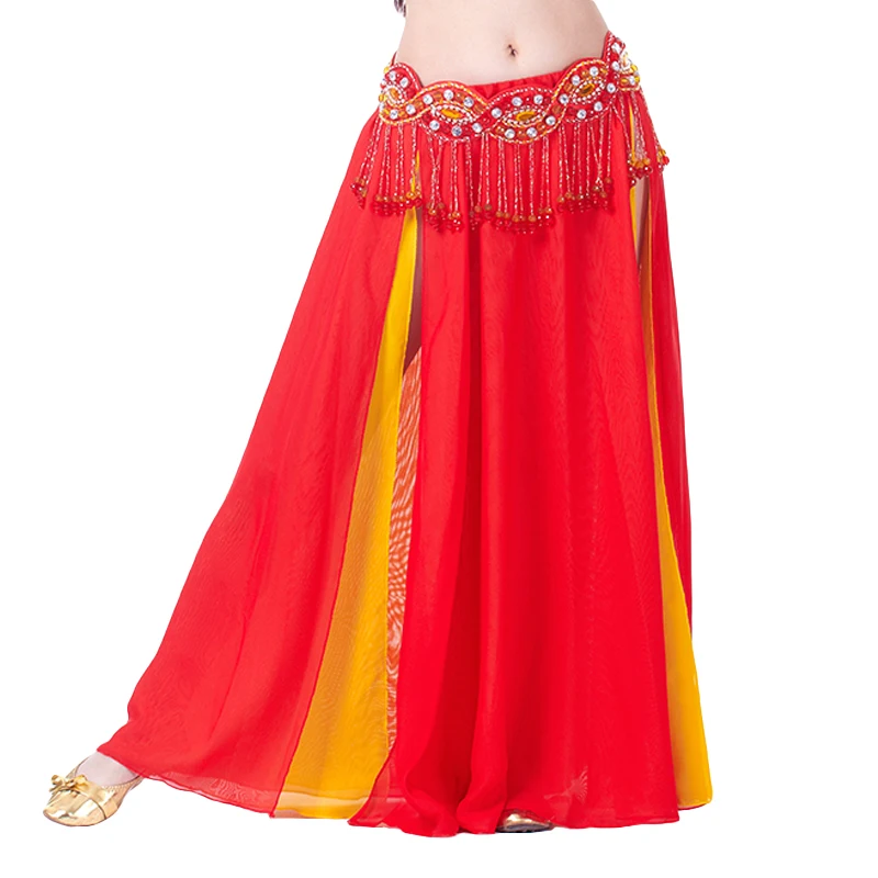 Belly Dance คู่สีชีฟองกระโปรง Belly Dance 2-Side Slits กระโปรงผู้หญิงเซ็กซี่ Oriental Belly Dance กระโปรงไม่มีเข็มขัด