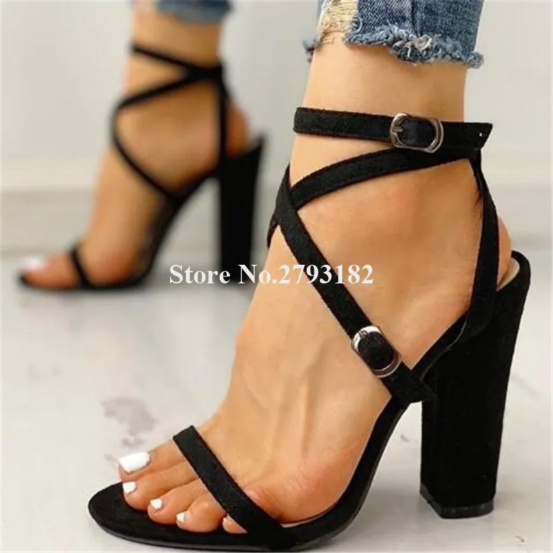 

Summer Women Fashion Open Toe Suede Leather Chunky Heel Gladiator Sandals Strap Cross Thick High Heel Sandals Dress Shoes Heels