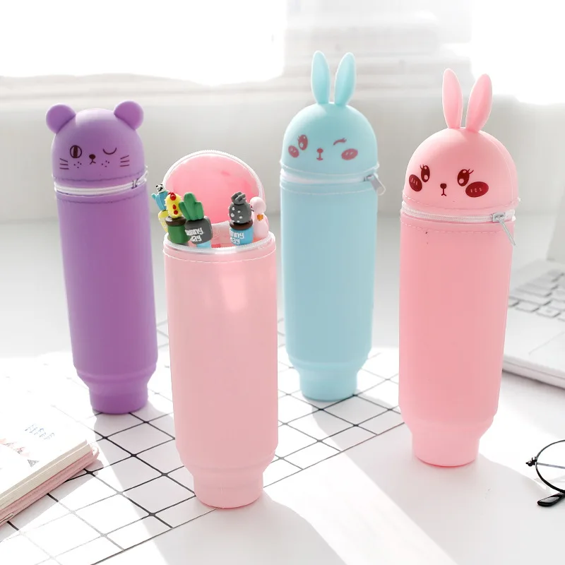 Cute Cartoon Pencil Bag Jelly Color Silicon Pensil Case Kawaii Stationery Pen Holder Stand Up Penzil Box INS Xmas Gift Organizer