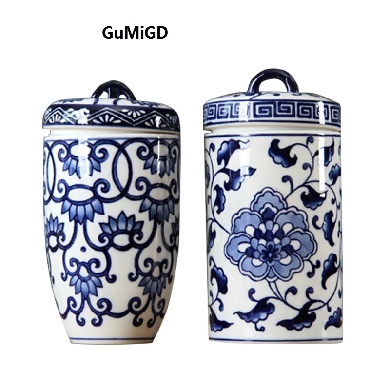 

decorations for home Jingdezhen Ceramic Chinese Blue and White Flower Stripe Covered Storage Tank Receives Porcelain Cans