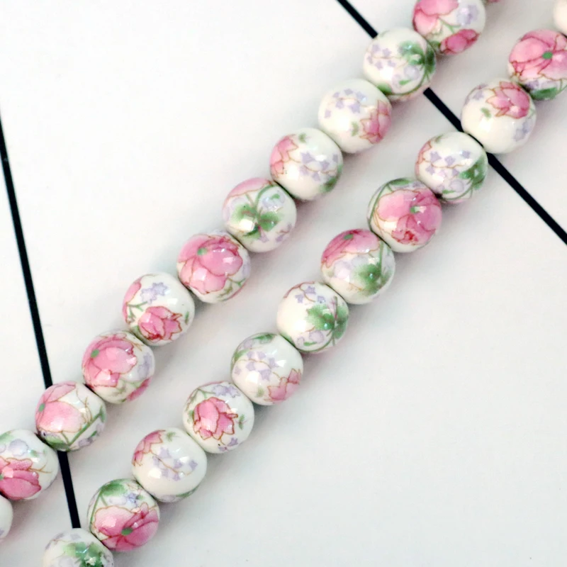 Hotsale 20pcs 8mm 10mm Handmade Round Ceramic Beads Flowers Design Porcelain Loose Beads For Jewelry Necklace Bracelet DIY Beads