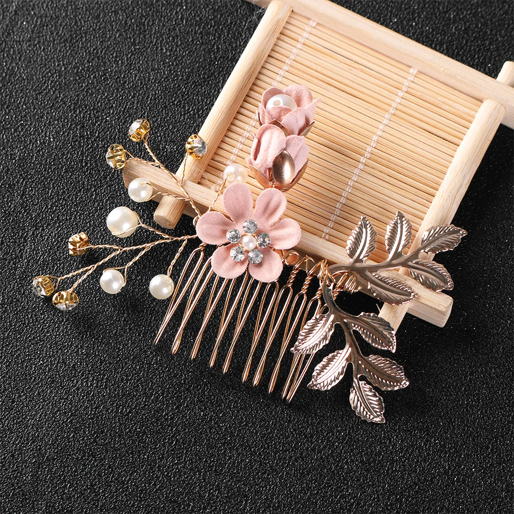 1Pc Fashion Luxury Blue Flower Hair Combs Headdress Prom Bridal Wedding Hair Accessories Gold Leaves Hair Jewelry Hair Pins