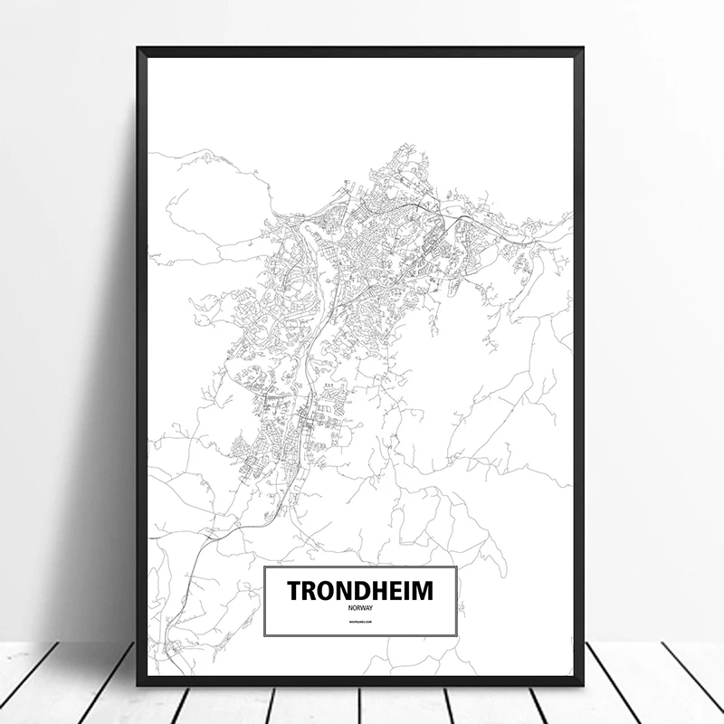 

Trondheim Norway Black White Custom World City Map Poster Canvas Print Nordic Style Wall Art Home Decor