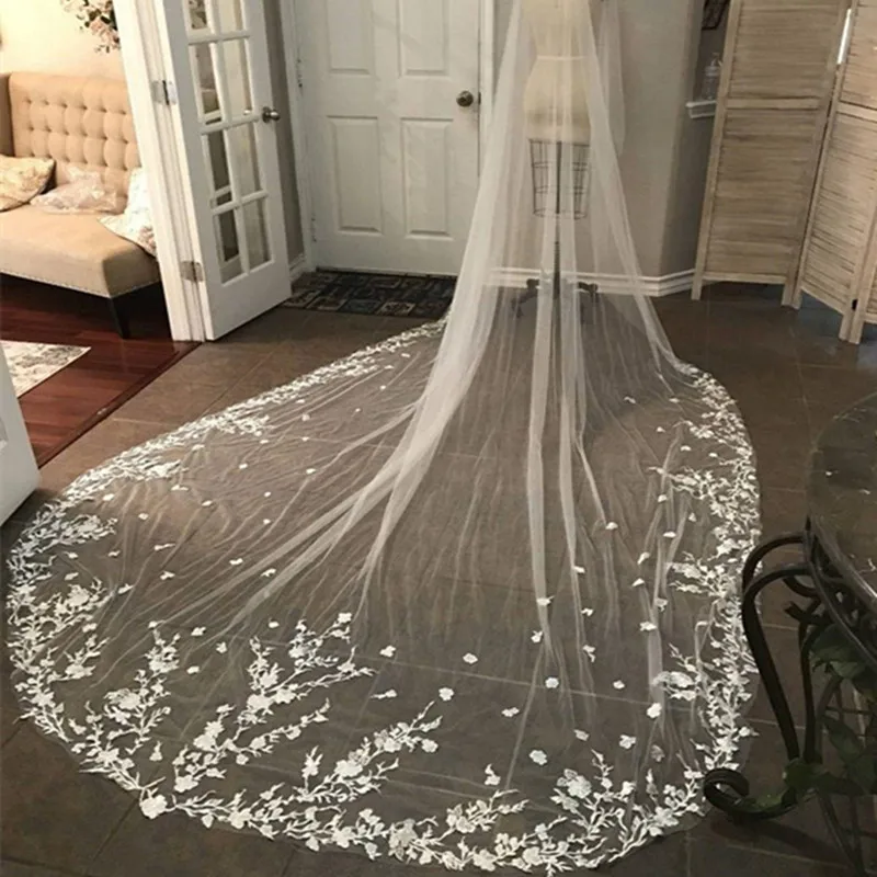 Velo de novia de marfil blanco hecho a medida, velo de encaje superior con apliques largos de boda, peine gratis, 3M, 1L, nuevo