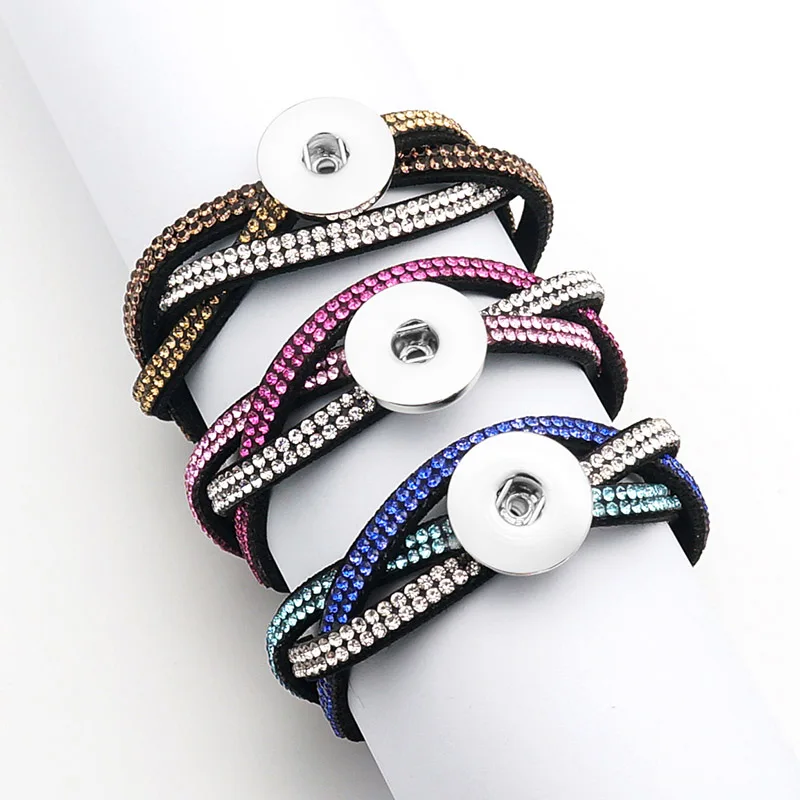 New Fashion 3 layers Crossed Rhinestone velvet Leather snap bracelet 21cm fit 18MM snap buttons jewelry SE0193 wholesale