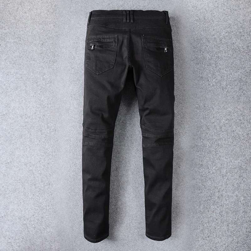 Sokotoo Men\'s big size black biker jeans for moto Casual classic stretch denim pants Long trousers