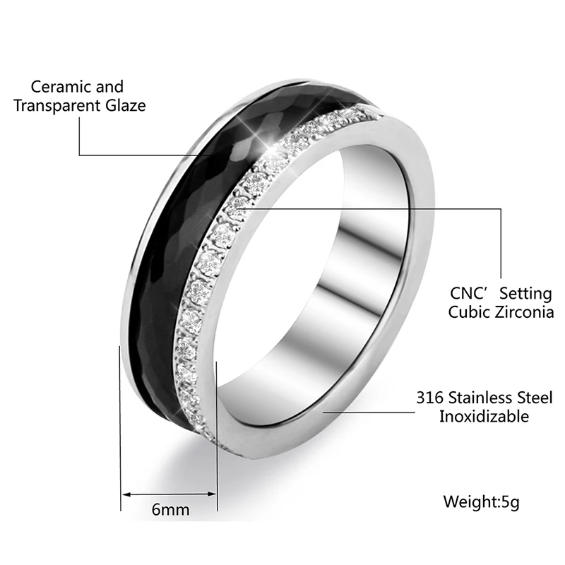 Hot Sale Half Row Rhinestone Inlaid Zircon Anniversary Ring For Women Men 6mm Stainless Steel Ceramic Rings Anniversary Jewelry