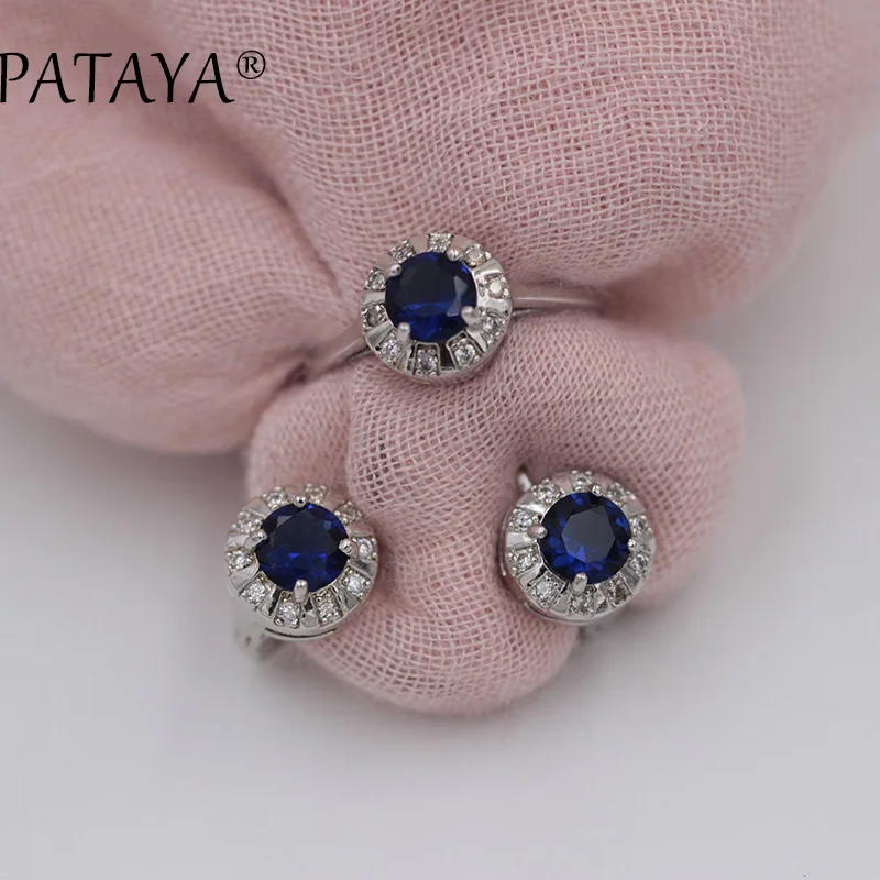 PATAYA New Arrivals Green Round Natural Zirconia Earrings Ring Sets Women Romantic Wedding Jewelry True White Gold Color Jewelry