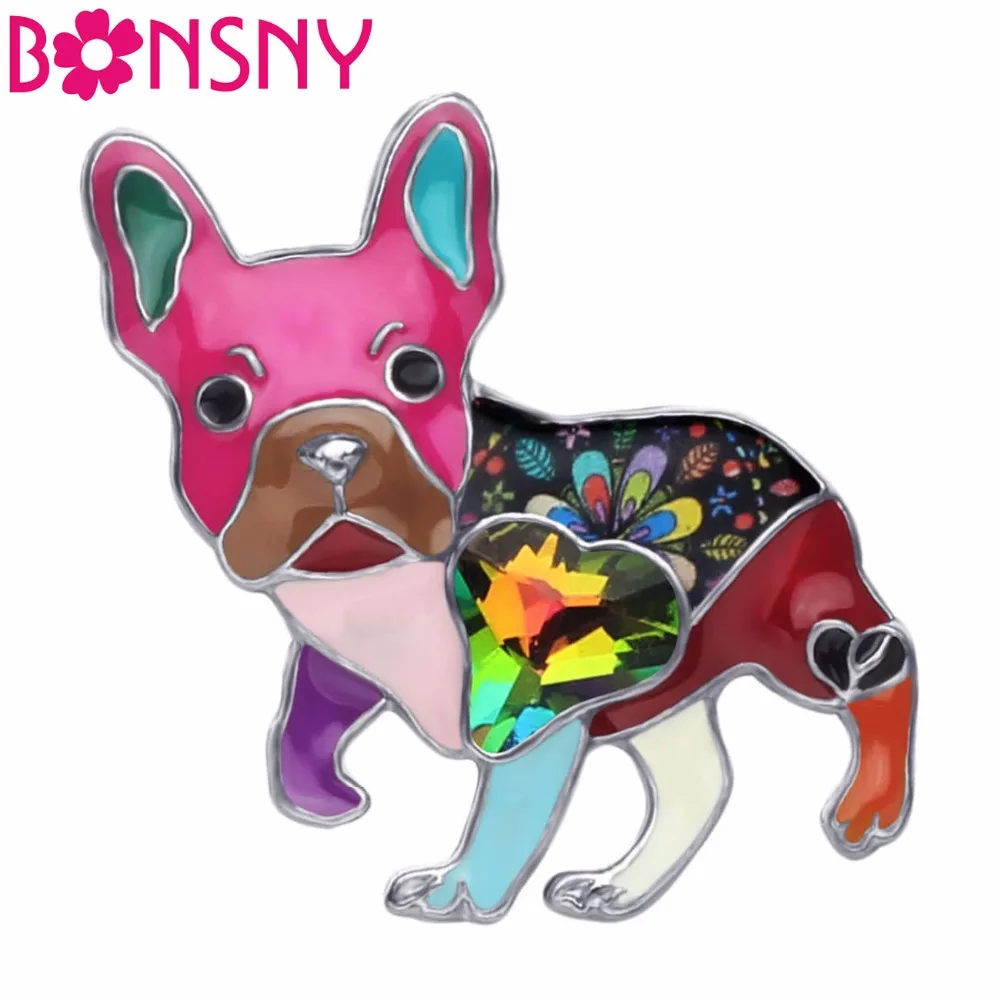 Bonsny-エナメル合金の犬の形をしたブローチ,ラインストーン,フレンチブルドッグ,パグ,スカーフ,装飾ジュエリー,女性と女の子へのギフト