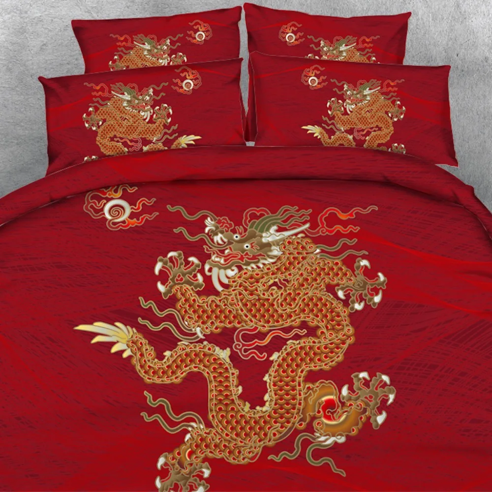 Royal Linen Source Brand 4 PCS PER SET Golden dragon on beautiful red background 3d bed linen set  3d Bed Cover with Bed sheet