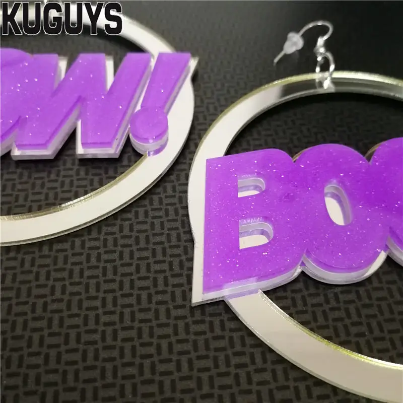 KUGUYS Pow Boom Round Earrings for Women Acrylic Jewelry Letter HipHop Punk Rock Drop Ear Accessories