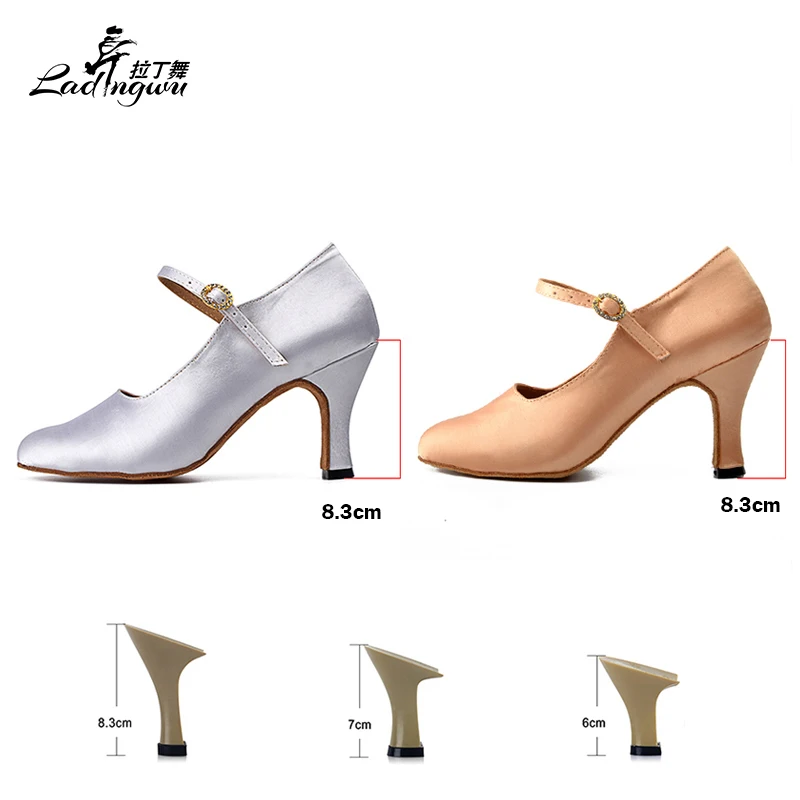 Ladingwu  White/Apricot Latin Dance Shoes Women Satin Collocation Rhinestone buckle Closed Toe Ballroom Dance Shoes