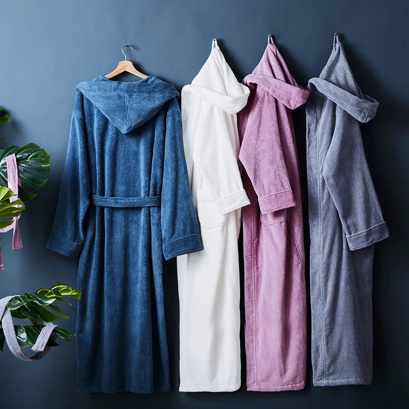 Autumn Winter Thick Pure Cotton Plain Color Bathrobes Sleepwear Robes Unisex Long-sleeve Absorbent Terry Bathrobe Hooded Pijamas