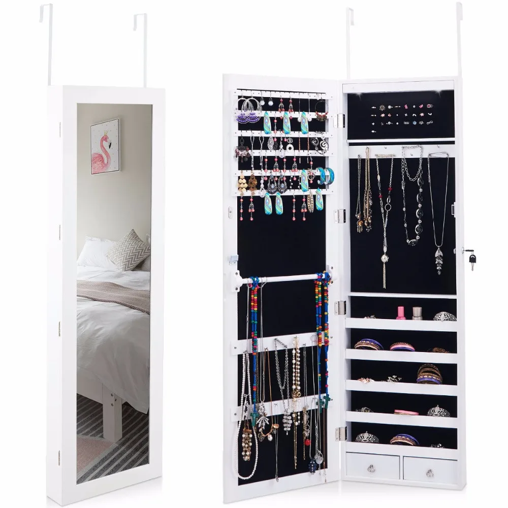 Giantex Wall Door Mounted Mirror Jewelry Cabinet Lockable Armoire Organizer w/ LED Light  Home Furniture