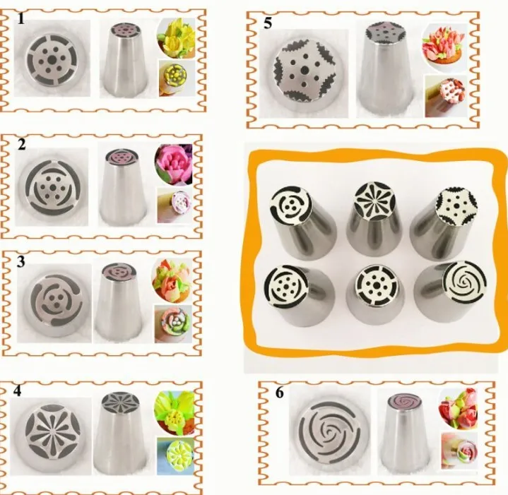 6 Styles  Russian Tulip Stainless Steel Icing Piping Nozzles Pastry Decorating Tips Cake Cupcake Decorator D964