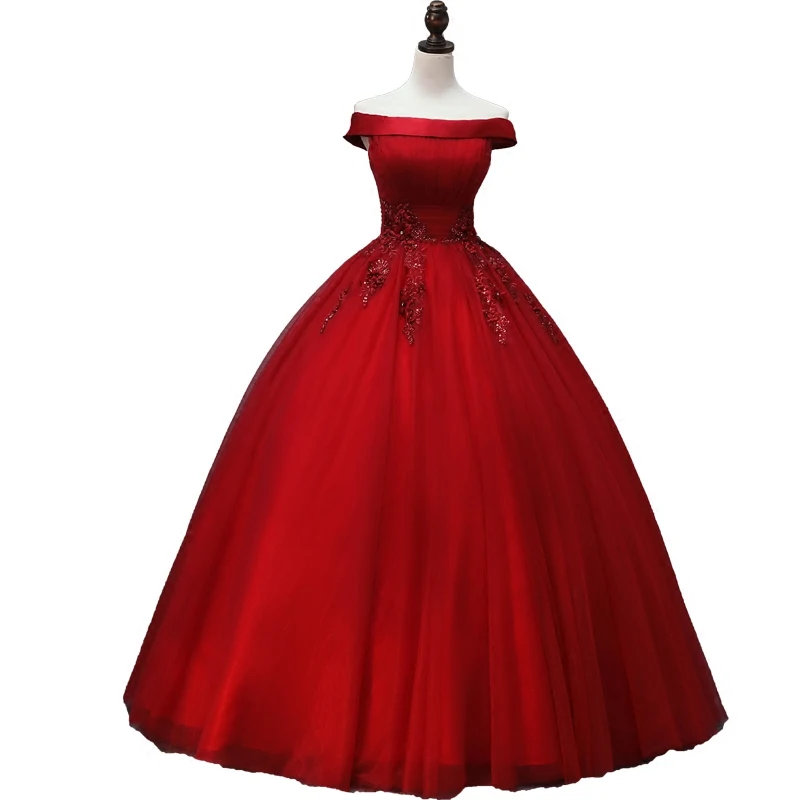 Fora do ombro vermelho quinceanera vestidos 2018 tule renda apliques frisado longos vestidos de baile vestidos de 15 anos