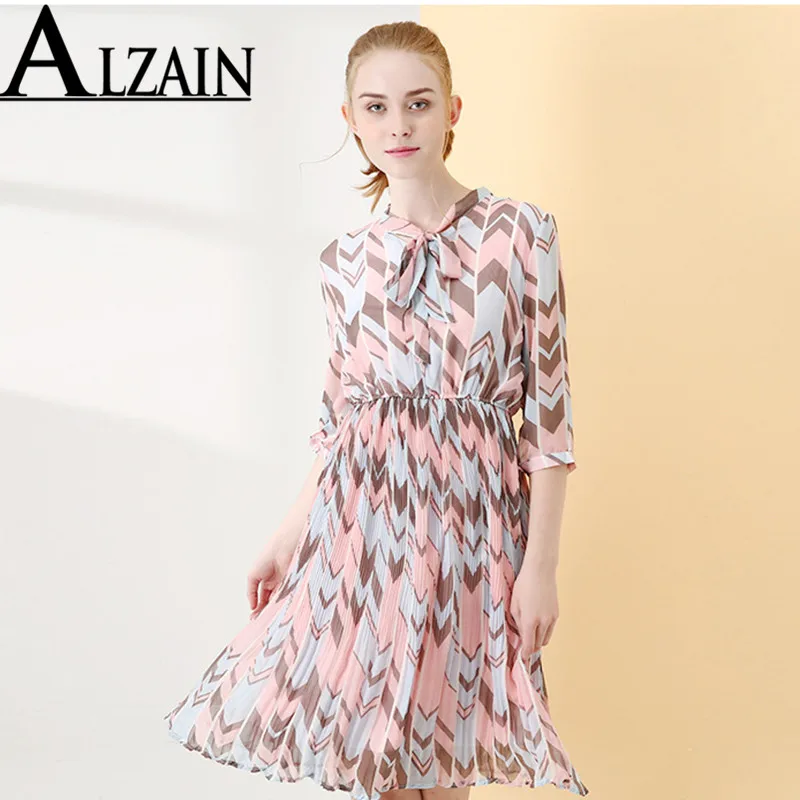 

2021 Spring Autumn Fashion Stripe Printed Office Lady Bow Neck Elegant Pleated Midi Women Dresses vestidos de verano