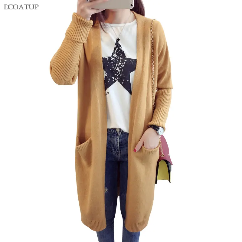 

Open Knitted Cardigan Women Autumn Winter Drop Shoulder Open Stitch With Pockets Sweater Jacket Female Loose Long Cardigan