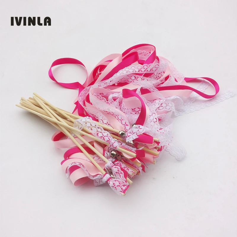50Pieces/Lot Fushia Red 3 Ribbons Wedding Wands Lace white Ribbon Birthday Party christamas ribbon stick with bell