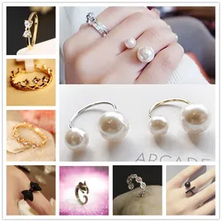 Hot Selling Fashion Imitation Pearl Crown Wing Leaf Lucky 8 Crystal Bow Open Ring For Women Lover Wedding Engagement Jewelry