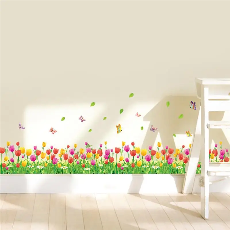 Colorful tulip flowers fences baseboard wall decals home decorative stickers adesivos de paredes living bedroom 3d wall art 053.