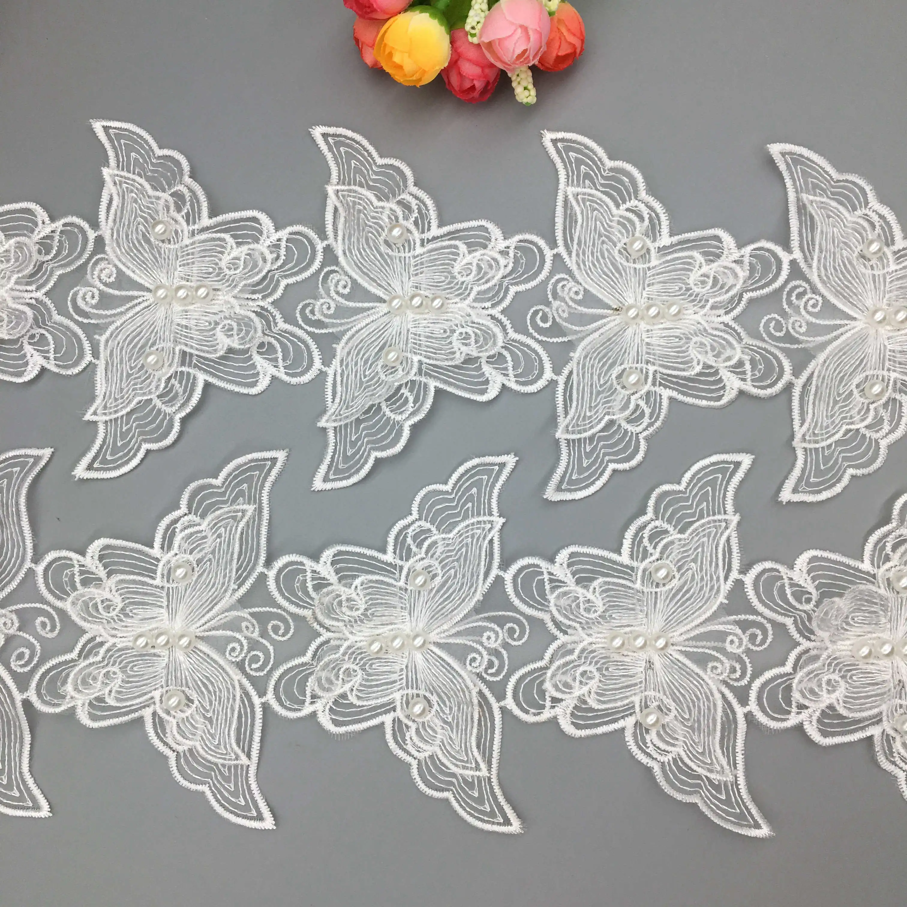 5x Latest White Pearl Butterfly Embroidered Lace Trim Ribbon Fabric Lady Wedding Dress Handmade DIY Sewing Supplies Craft