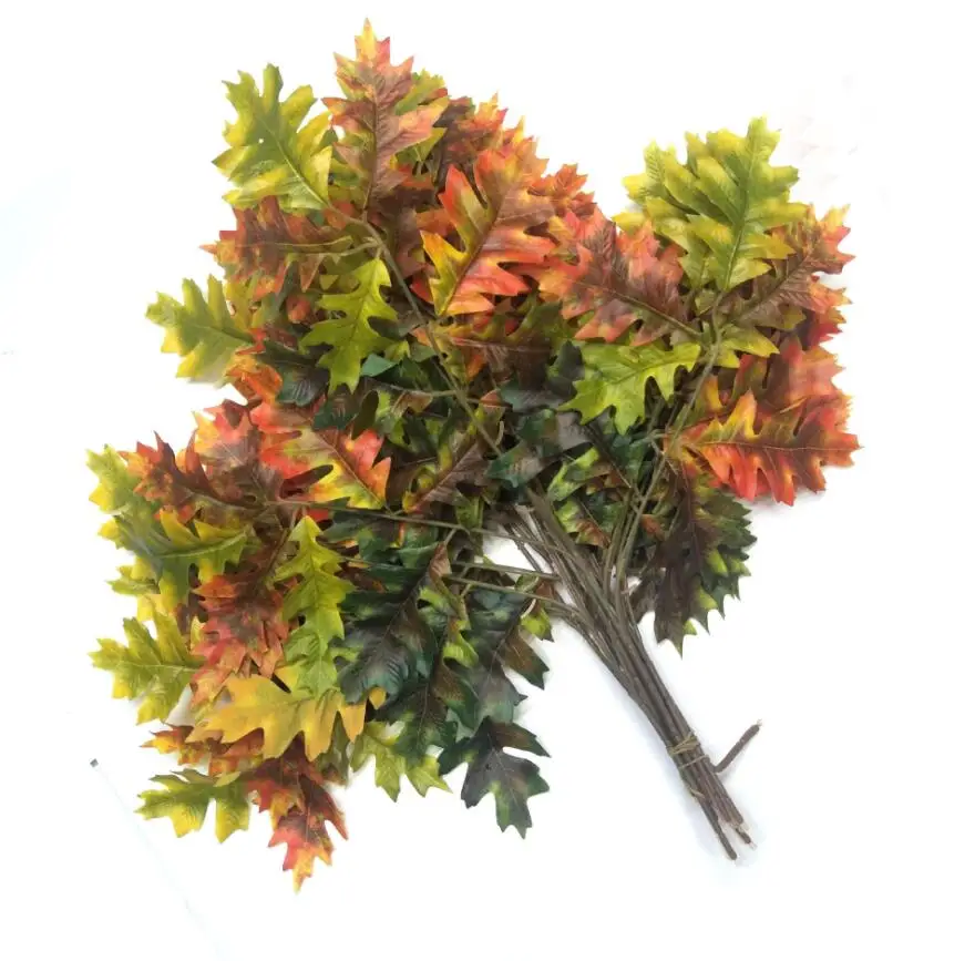 12pcs Artificial Oak Tree Leaves Branch For Plant Wall Background Wedding Home Hotal Office Bar Decorative