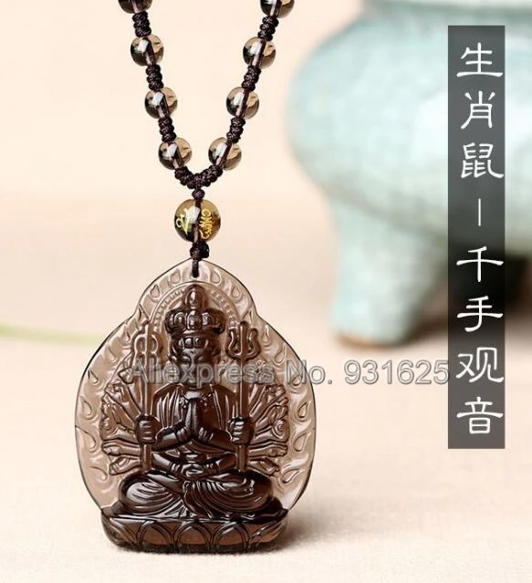 Natural Ice Clear Obsidian Carved Chinese Thousand-Hand Kwan-Yin Buddhism Lucky Pendant + Black Beads Necklace Fashion Jewelry