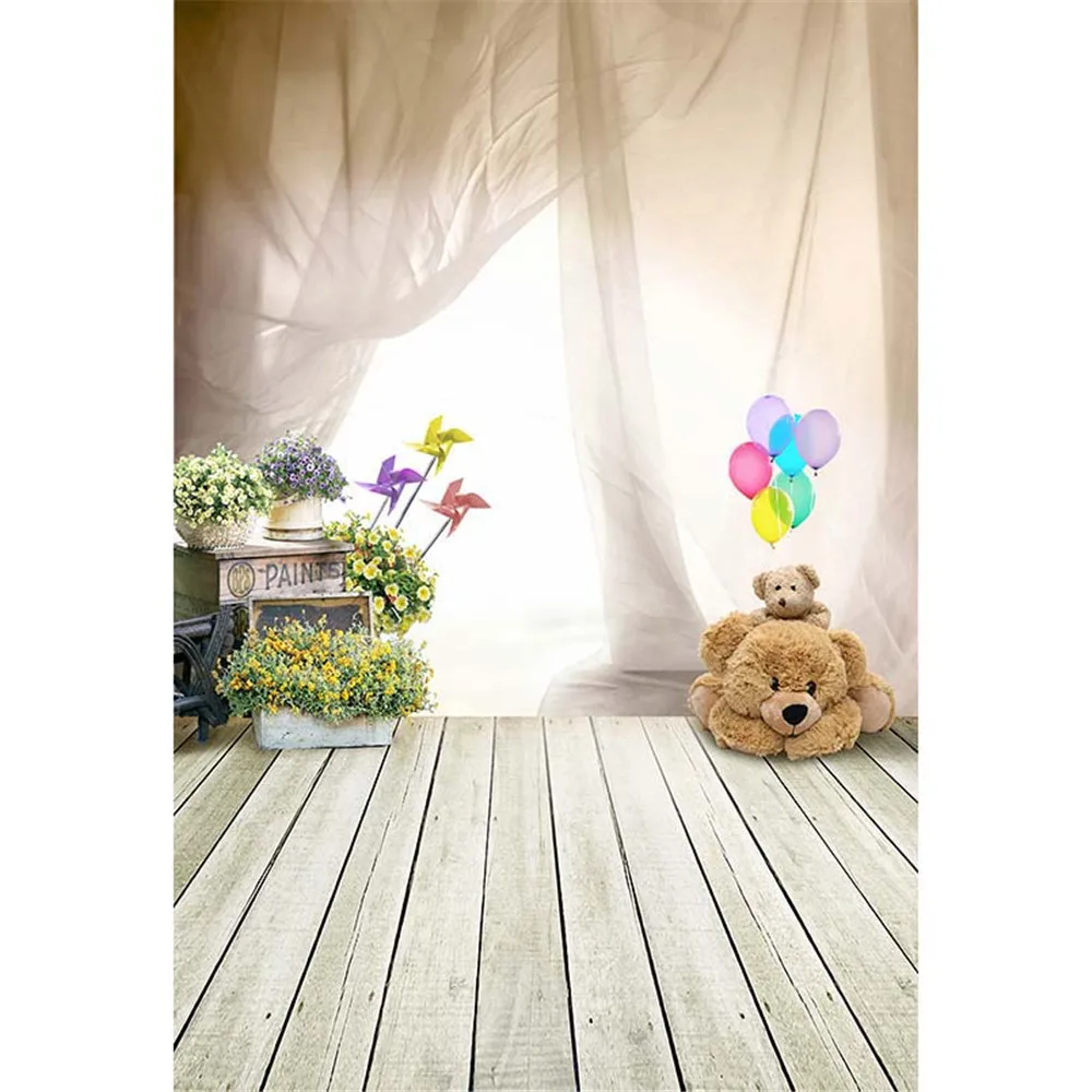 Indoor Baby Room Backdrop Photography Bright Light Curtain Toy Bear Balloons Flowers Children Photo Shoot Backgrounds Wood Floor