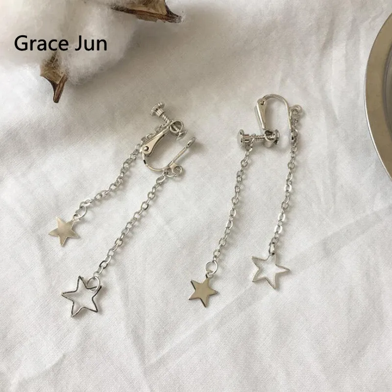 Grace Jun Double Star Tassel Clip on Earrings for Women Party Wedding Fashion Screw Cuff Earrings Anti-allergy Charm Jewelry New