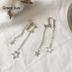 Grace Jun Double Star Tassel Clip on Earrings for Women Party Wedding Fashion Screw Cuff Earrings Anti-allergy Charm Jewelry New