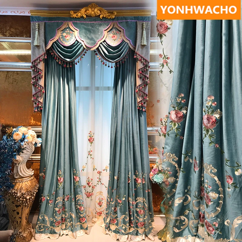 

Custom curtains luxury thick Velvet Embroidered Green European Bedroom Window cloth blackout curtain tulle valance drape B241