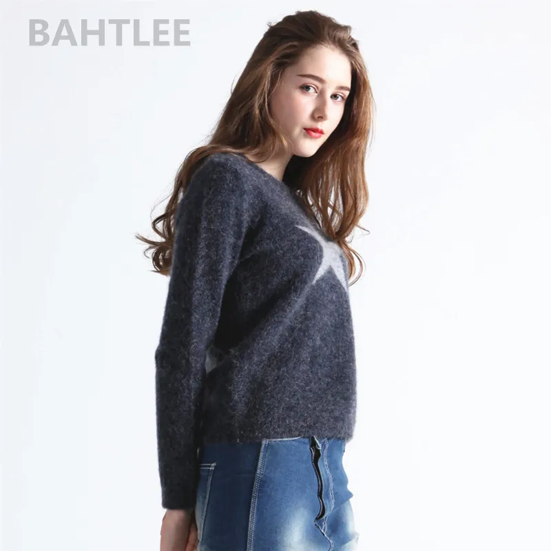 BAHTLEE-Women's Mohair Sweater, O-Neck Wool, Soft Pullovers, Long Sleeve, Short Style, Star Pattern, Spring, Autumn