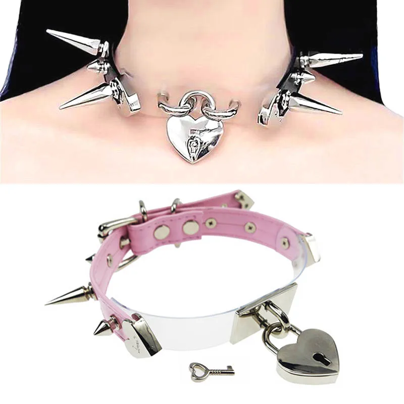 Cute Lolita Spikes Studs Handmade Leather Patchwork Collar Safe heart Lockable KEY Choker Necklace