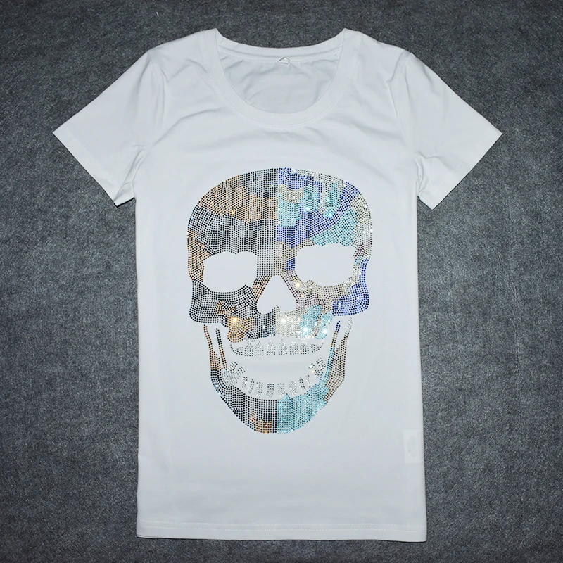 New Summer Women's Short Sleeves Skull Print Pebbles t shirt Design High Quality t shirt White Black Fashion Tops