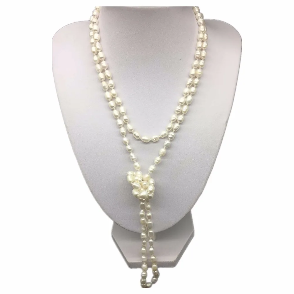 

Handmade Strand White Rice Real Natural Luster Freshwater pearls Long Wrap Necklace Knotted 120cm Women's