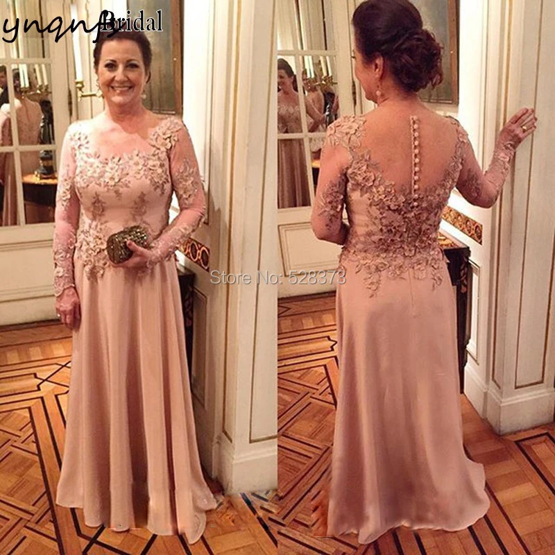 YNQNFS MD280 Women Dresses Evening Party Sheer Long Sleeve Elegant Chiffon A-line Long Mother of Bride Lace Dresses 2018