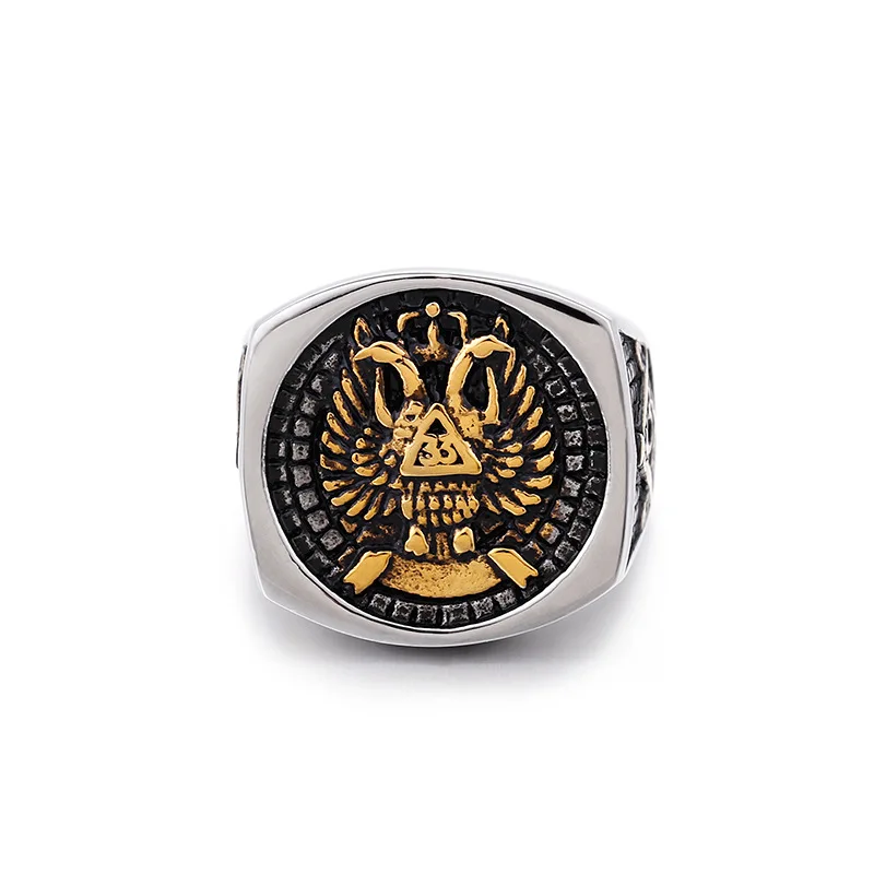 European and American Masonic Ring Men's Stainless Steel Double Eagle Head Popular Foreign Trade Jewelry