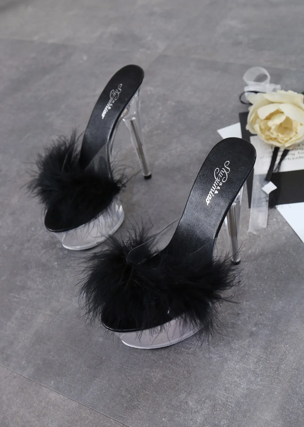 Shoes Women 2019 Mao Mao Sexy Super High Heel 15CM Fine with Waterproof Table Slippers Transparent Crystal Shoes Wedding Banquet