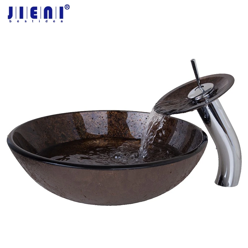 

JIENI Brown Tempered Glass Hand-Painted Bathroom Faucet Waterfall Washbasin Lavatory Sink Bath Combine Brass Mixer Tap Faucet