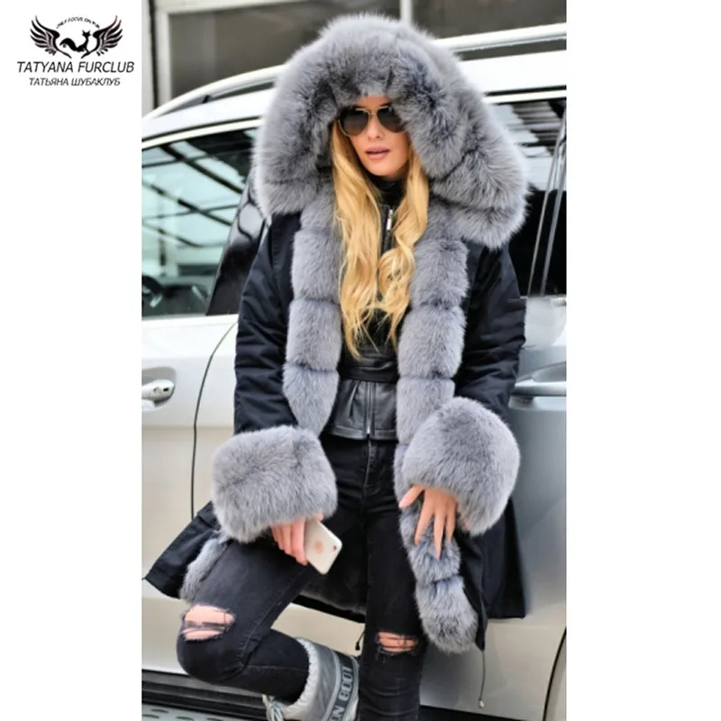 

Новая женская куртка из натурального меха tatyan Furclub, зимняя одежда, толстое теплое модное пальто, черная верхняя одежда с большим меховым воротником, парки