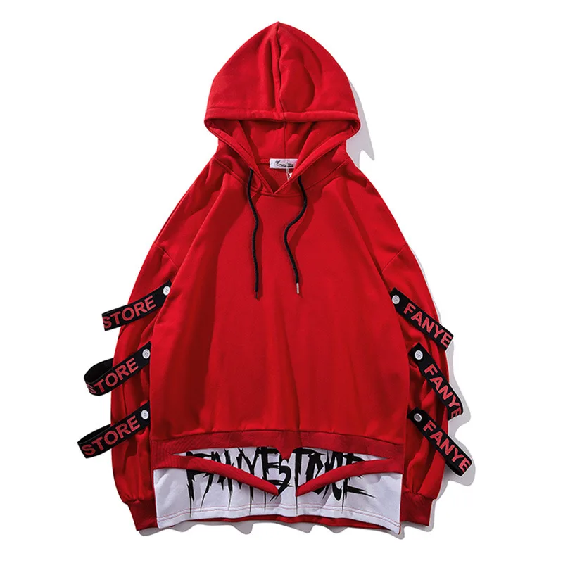 

Hoodies Men Fake 2 Pieces Ribbons Hooded High Street Pullover Sweatshirt Men Fashion Hip Hop Streetwear Hoodie Spring Autumn