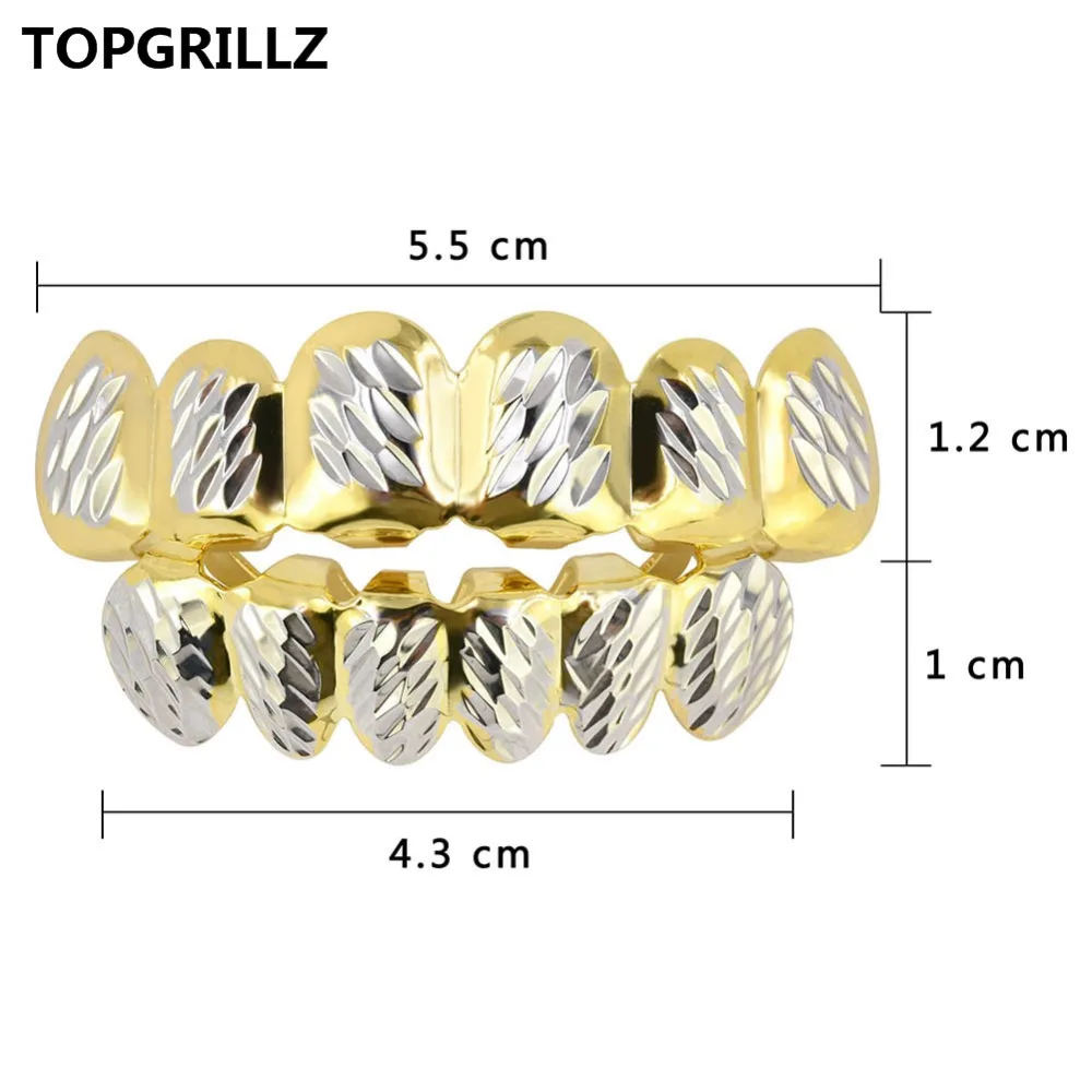 TOPGRILLZ Newest Fit D - Cut 6 Tooth Gold Color Plated Top & Bottom Hip Hop GRILLZ SET for Halloween Christmas Party