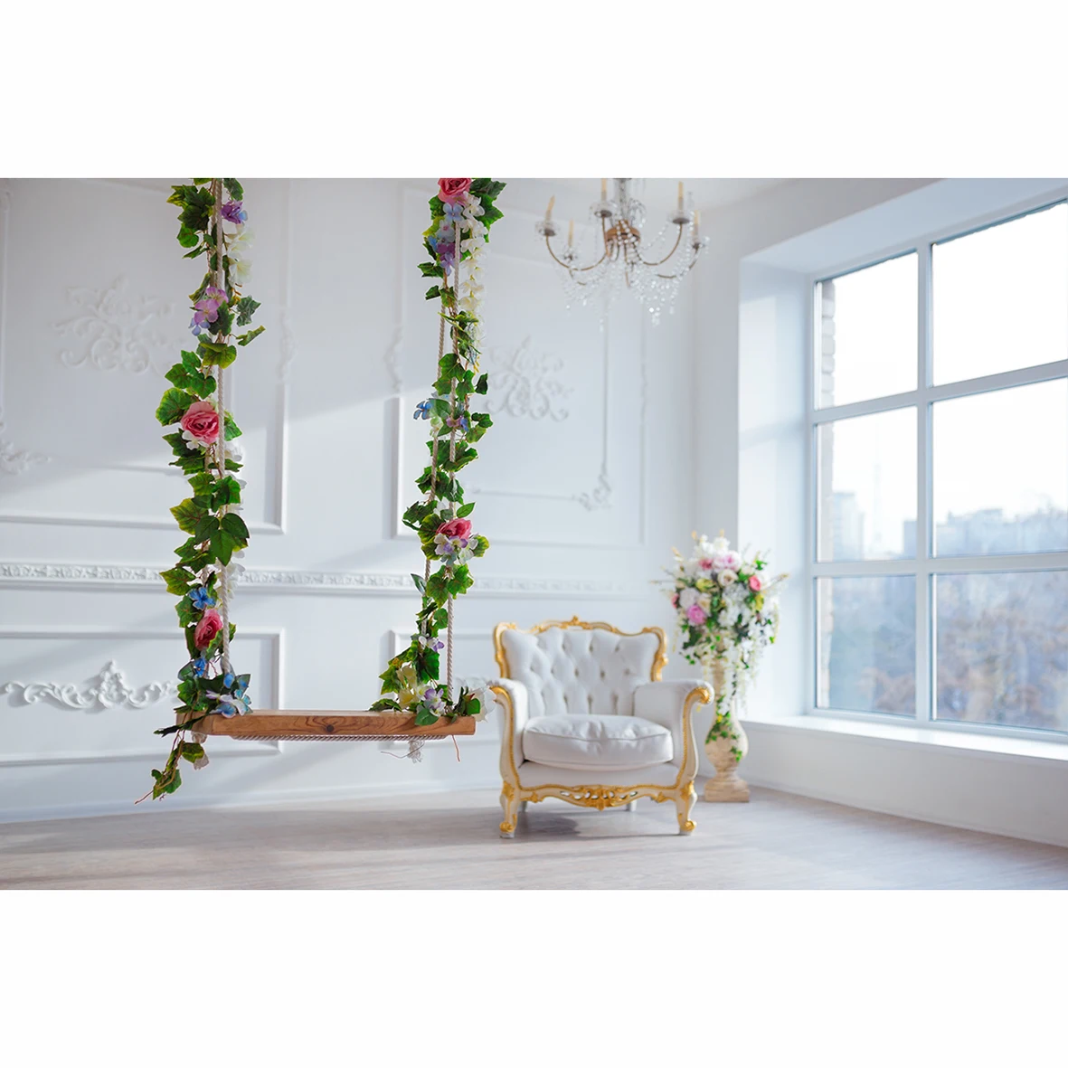 Allenjoy Indoor swing window chandelier chair flower vine decorations photographic background fund camera photographic