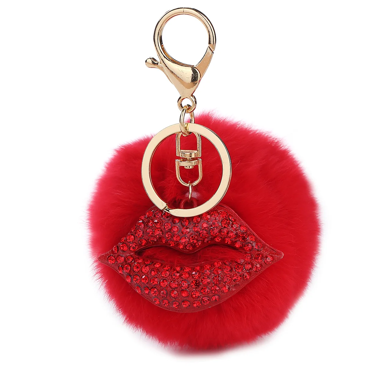 Pom Pom Keychain Women Ball Pompon Rhinestone Red Lip Key Chain Keyring Holder Purse Handbag Bag Charm Trinket Chaveiro Llavero