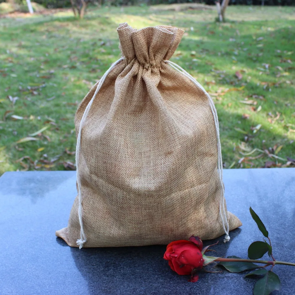 jusHomey 5pcs 30x40cm Large Linen Vintage Drawstring Burlap Gift Bags Rustic Hessian Fabric Wedding Favors Bags Jewelry Pouches