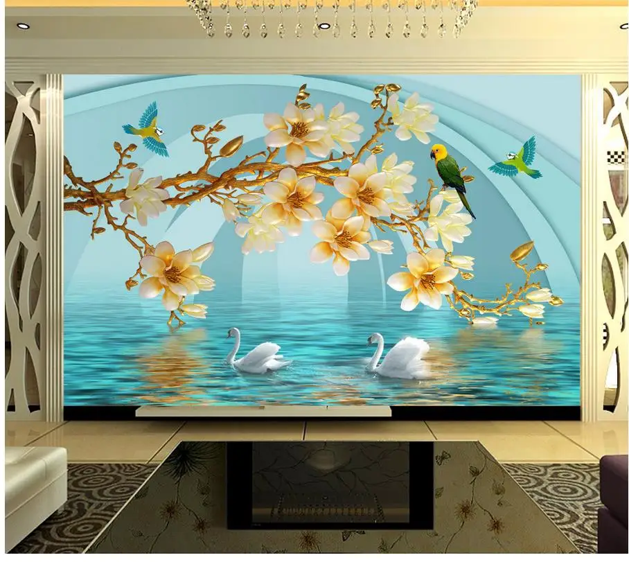 

Home Decoration 3D stereoscopic bridge magnolia Swan backdrop decorative painting custom wall mural