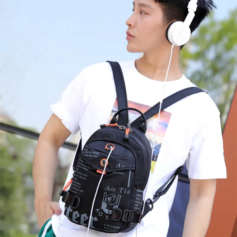 Street Brand Waterproof Headphone Cable Hole Small Backpack Men Shoulder Travel Bag